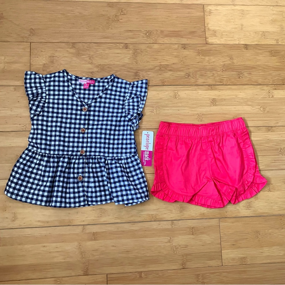 NWT Girls Size 3T Outfit - Blue & White Gingham Top & Red Ruffle Shorts